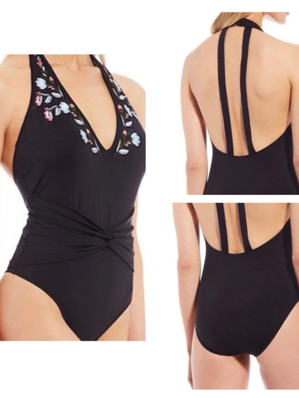 Gibson Latimer Black Embroidered Halter One-Piece Swimsuit Size XS